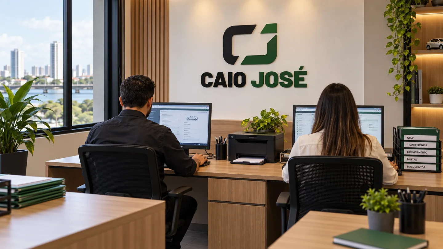 Ambiente de escritório com a marca Caio José na parede e duas pessoas atendendo